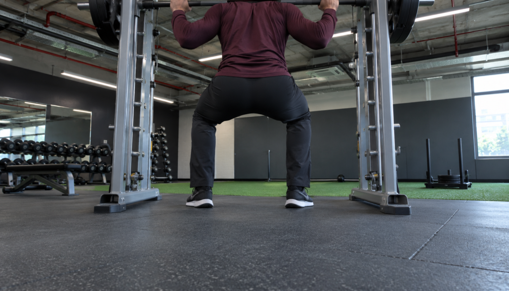 Wide shot of a squat on a Smith machine
