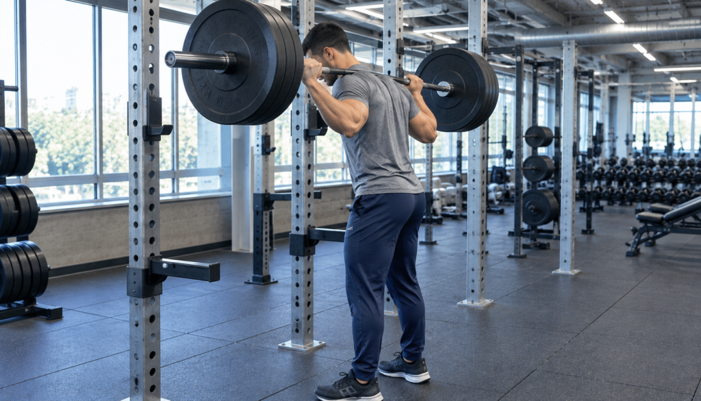 Side-angle profile shot of lifter setting up for a barbell back squat