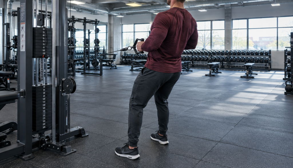 Wide gym shot of lifter using cable row machine