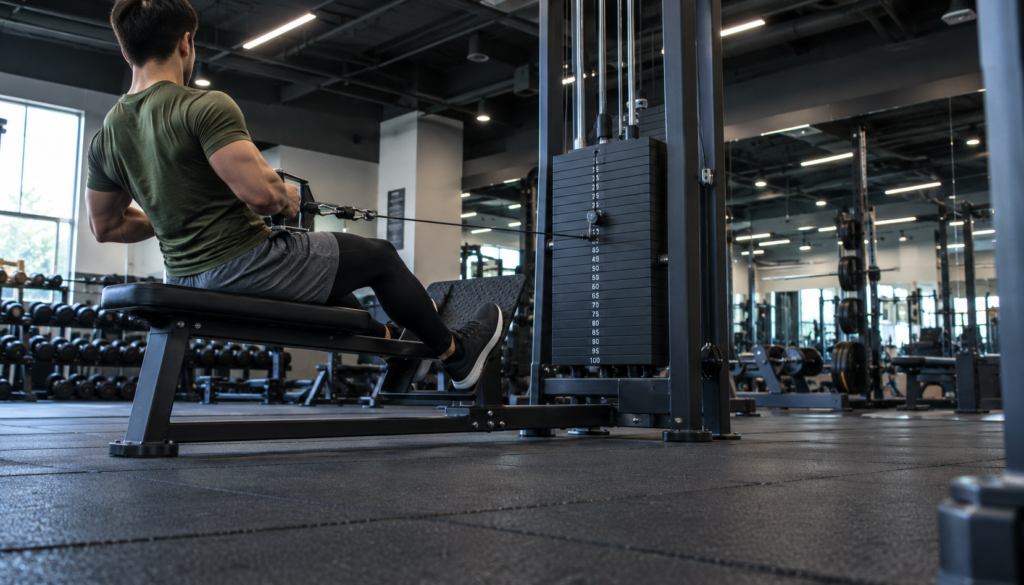 Wide gym shot of cable machine row from a low angle