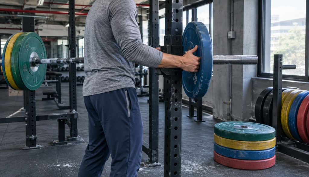 Lifter loading barbell plates on a squat rack before training
