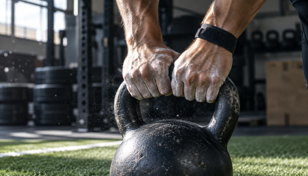 Close-up of hands gripping a kettlebell during training