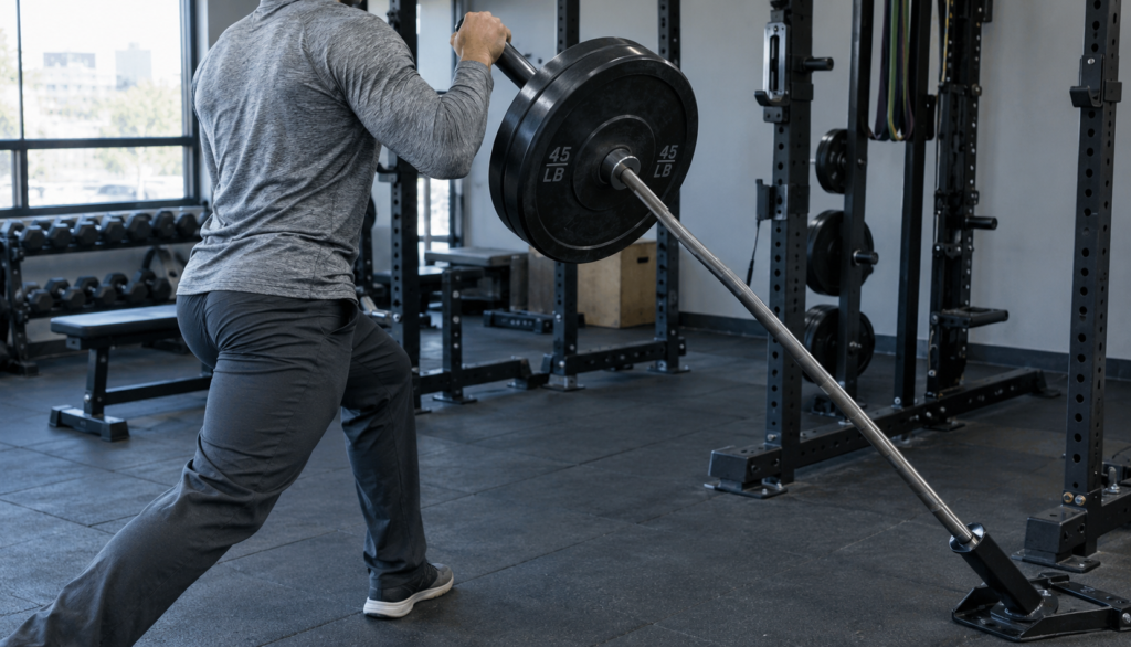 Lifter performing a landmine press mid-rep in a gym