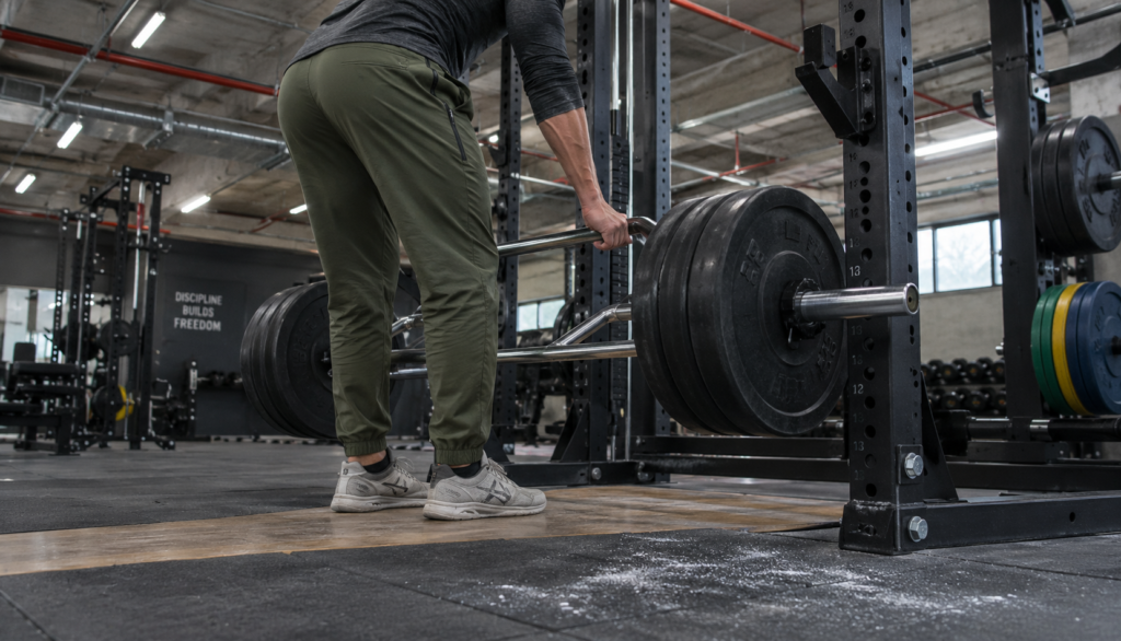 Lifter racking a trap bar in a gym setting