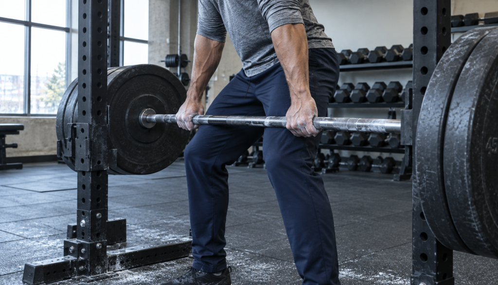 Lifter gripping chalked barbell at squat rack, three-quarter angle