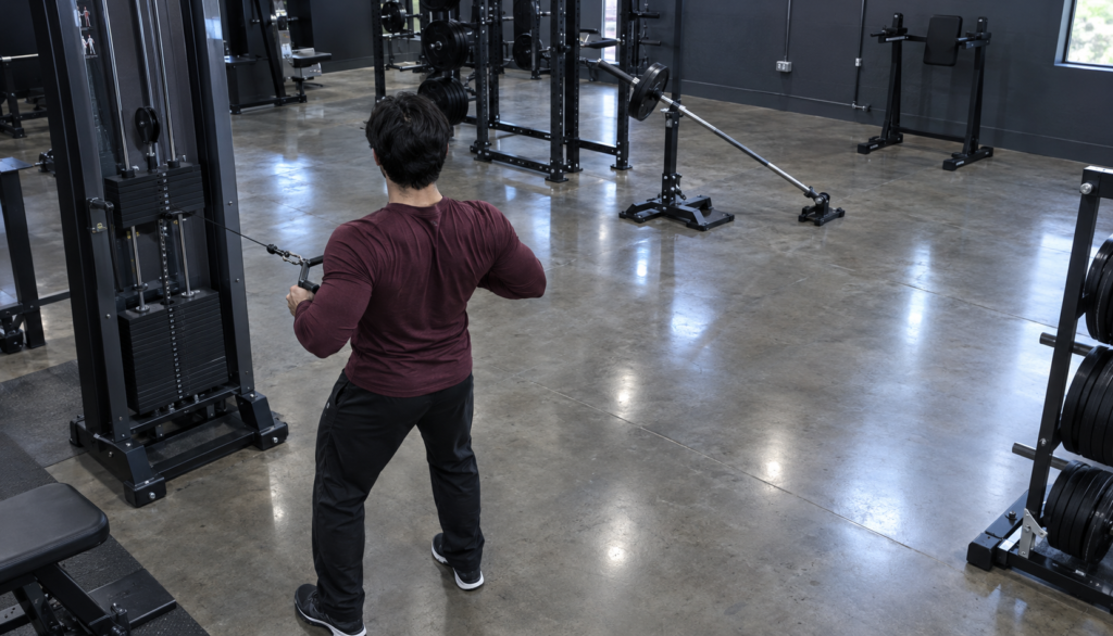 Wide shot of lifter on cable machine in full gym environment