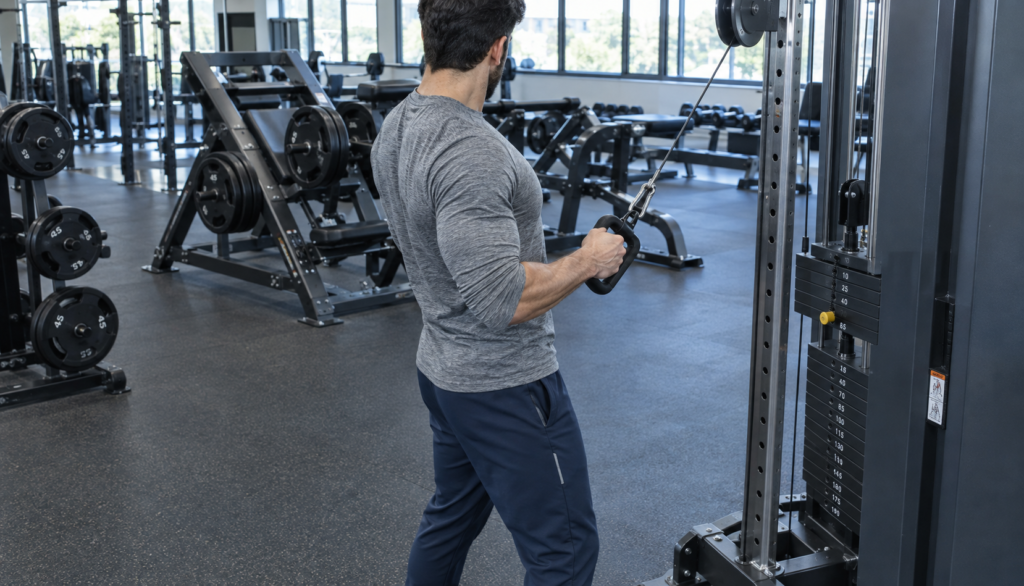 Lifter performing cable row mid-pull in commercial gym