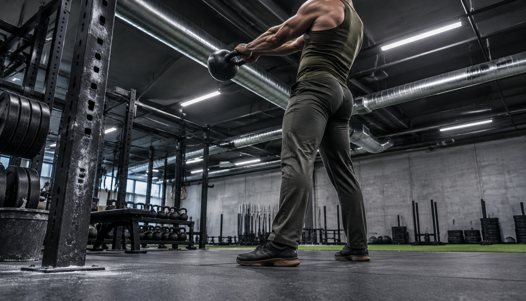 Male lifter mid-swing with kettlebell at low camera angle