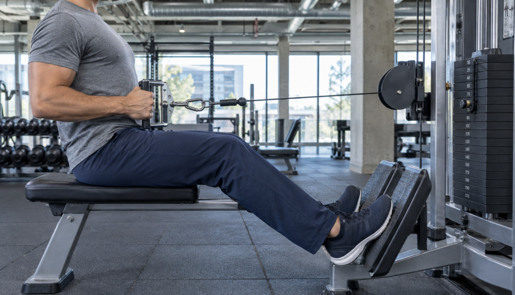 Lifter performing a light seated cable row at a cable machine in a bright gym