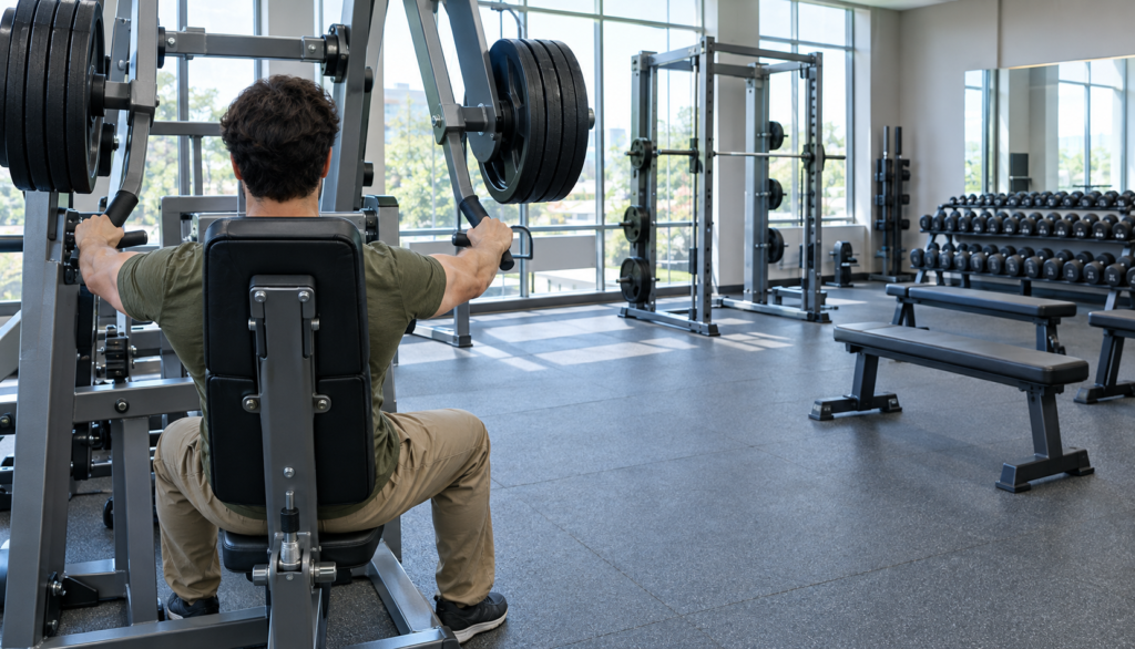 Wide gym view of a lifter locking out a plate-loaded chest press machine