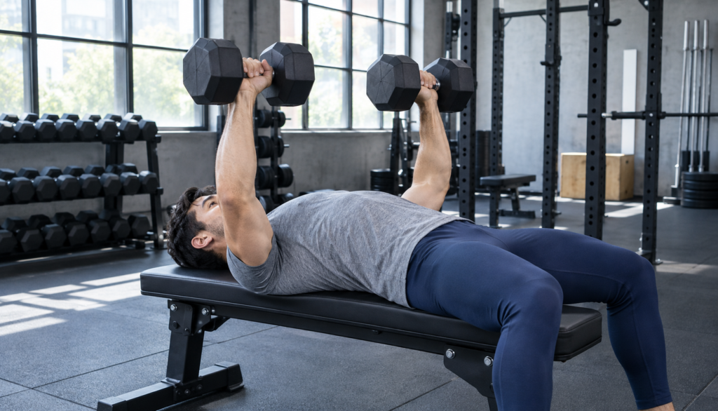 Person performing dumbbell chest press from a three-quarter angle during deload week with lighter load.