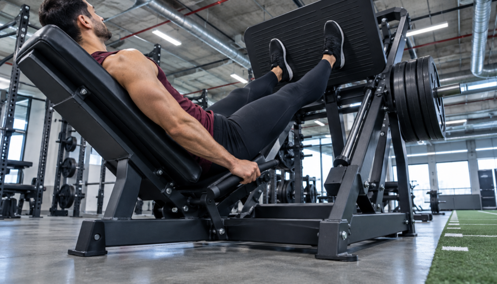 Lifter at lockout on leg press machine captured from a low tripod angle during deload training.