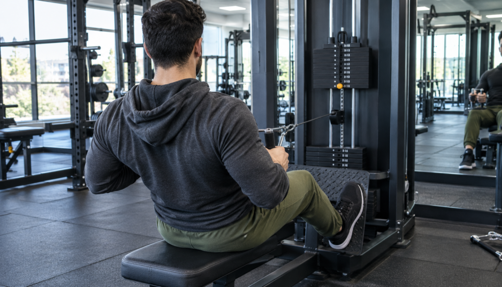 Person pulling on cable row machine from a rear angle, demonstrating lighter deload week form work.