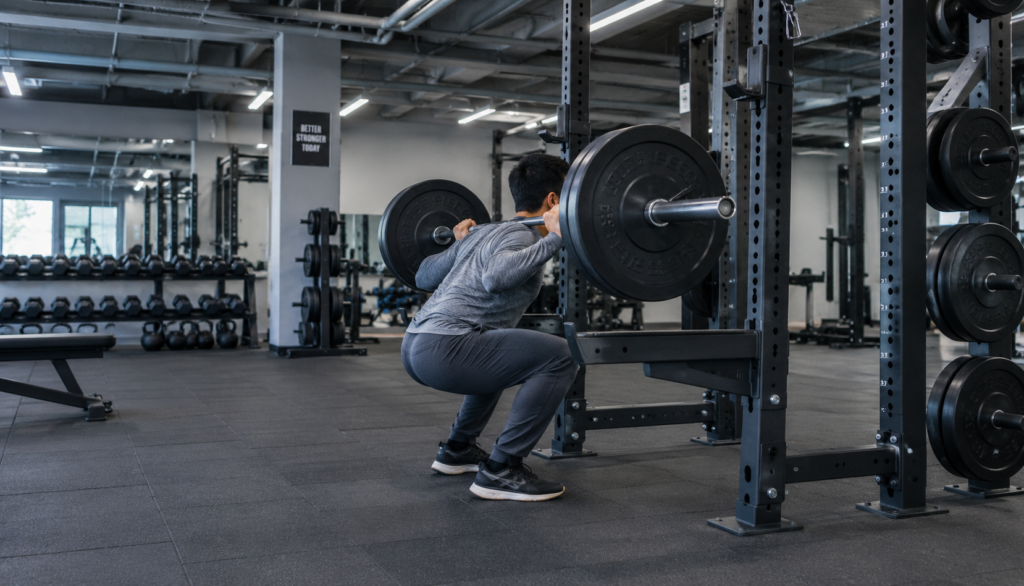 Lifter performing a barbell back squat at the bottom position