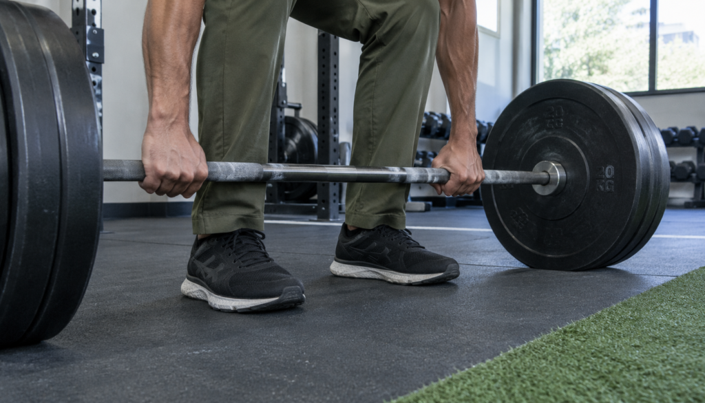 Close view of feet and barbell during deadlift setup