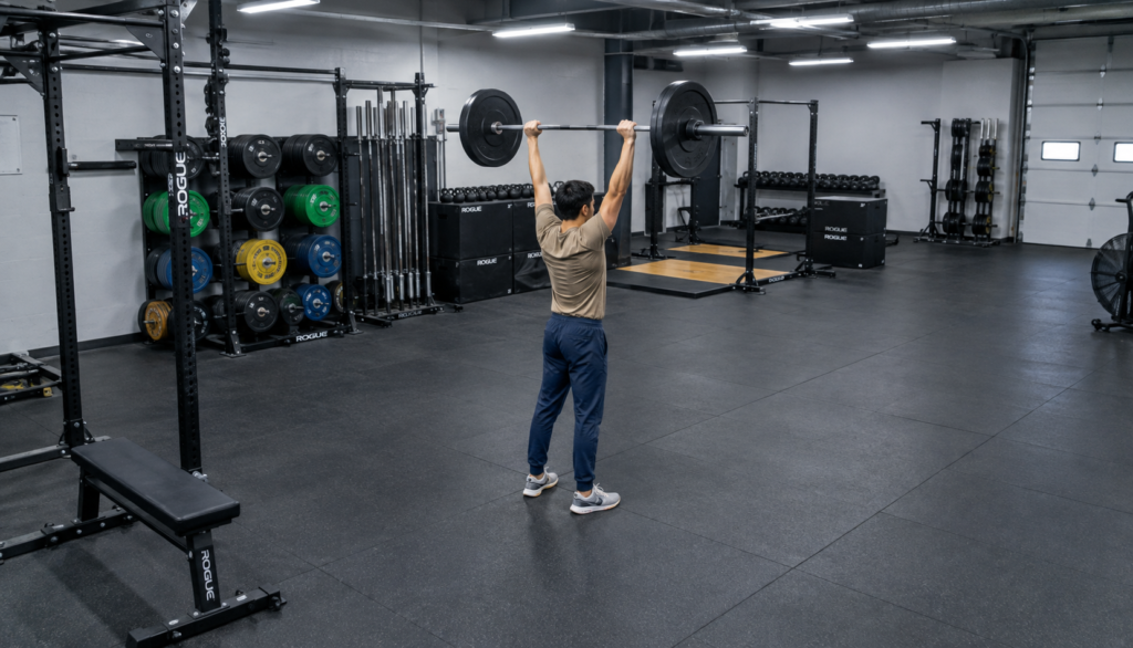 Lifter locking out an overhead barbell press in a wide gym shot