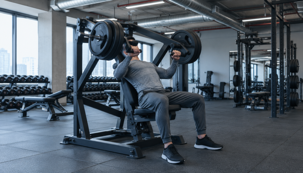 Lifter using a plate-loaded machine in a gym at a three-quarter angle