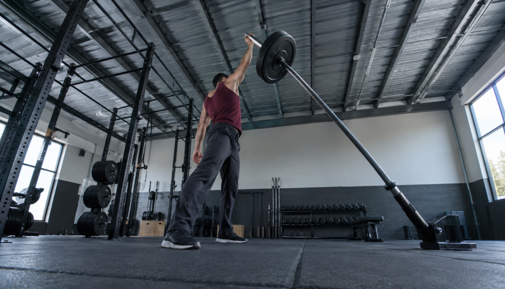 Wide low-angle shot of a lifter pressing a landmine attachment