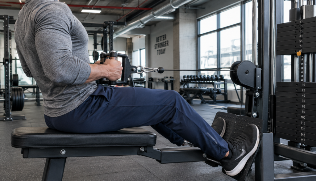 Athlete performing cable row during a cutting phase workout