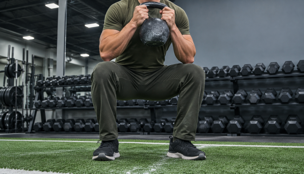 Kettlebell goblet squat performed during a calorie deficit training phase