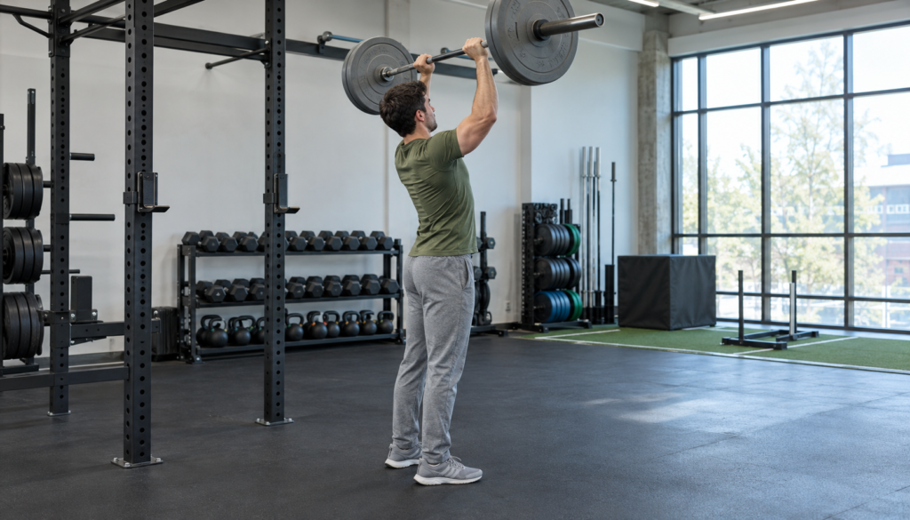 Lifter in side view pressing a loaded barbell overhead mid-rep in a bright gym