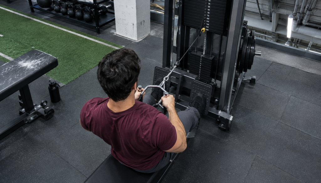Lifter doing a seated cable row with a light weight stack in an industrial gym