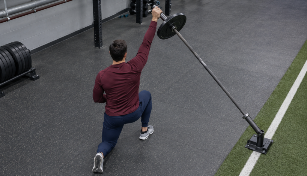 Elevated rear view of a lifter locking out a half-kneeling landmine press