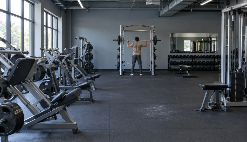 Wide gym view of a lifter at a Smith machine ready to start an overhead press