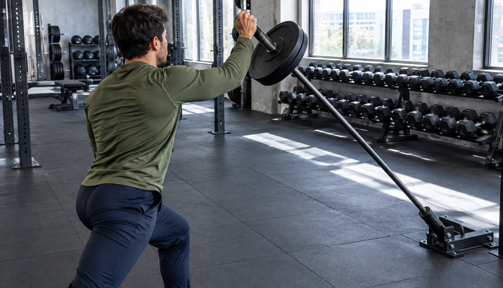 Lifter performing a light landmine press in a bright gym with rubber flooring